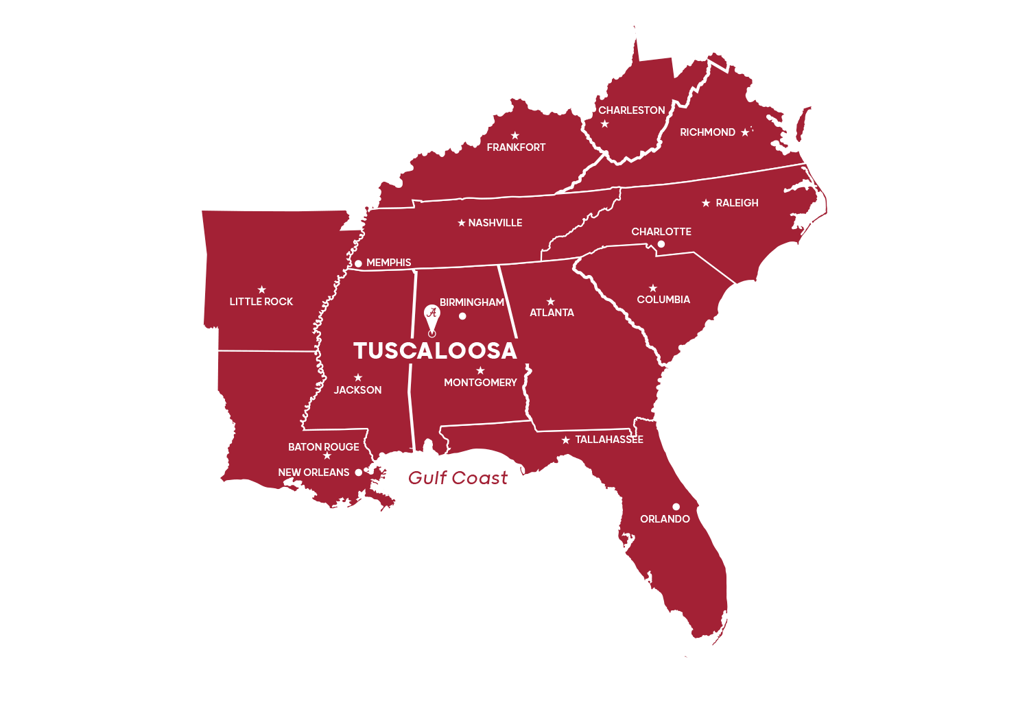 Regional map of the southeast. Tuscaloosa is in the center left part of Alabama